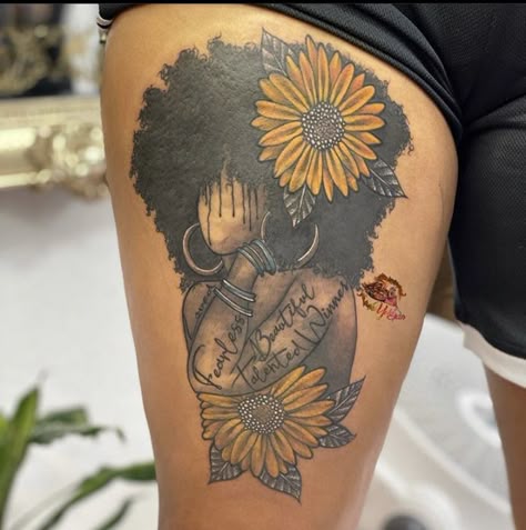 Afro Tattoos Black Women, Positive Tattoo Ideas Female, Black Woman With Afro Tattoo, Cover Up Tattoo Black Women, Tattoos Of Black Women Goddesses, Tattoos For Women Thigh Unique, Strong Black Women Tattoos Ideas, Tattoo Of Black Woman With Afro, Black Women Inspired Tattoos