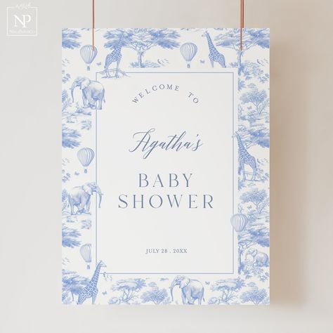 Welcome guests to your baby shower with our Safari Animal Toile de Jouy Welcome Sign Template! This digital template creates a warm and stylish entrance, featuring charming blue Chinoiserie and lush hot air balloon designs inspired by a stylish jungle theme. Perfect for adding a personalized touch to your celebration! Our designs are super-easy to edit and print. You can also send them by e-mail or text to your guests. A great way to save time and money so you have time to party! ♥ VIEW ALL MATC Chinoiserie Baby Shower Theme, Toile Baby Shower Theme, Hot Air Balloon Theme, Balloon Theme, Hot Air Balloon Design, Balloon Designs, Blue Chinoiserie, Animal Baby