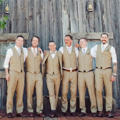 Striking Groomsmen Attire // photo by: The Nichols // http://www.theknot.com/weddings/album/a-retro-rustic-wedding-in-austin-tx-136754 Khaki Groomsmen, Casual Groomsmen Attire, Casual Groomsmen, Groom Vest, Groomsmen Outfit, Wedding Groomsmen Attire, Mens Wedding Attire, Groomsmen Outfits, Groom Tuxedo