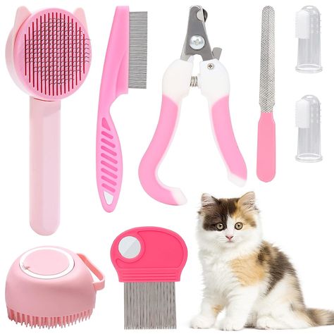 VCZONE 8 Pcs Cat Brush Grooming Kits, Pet Self Cleaning Kit with Pet Nail Clipper and File, Flea Comb, Pet Shampoo Bath Brush, Pet Shedding Brush, Silicone Toothbrush (Pink) Pet Shed, Pet Cleaning, Pet Shampoo, Pet Hair Removal, Grooming Routine, Healthy Pets, Trim Nails, Brush Kit, Bath Brushes