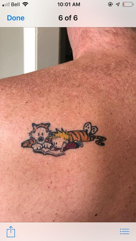 My son and I spent many many hours when he was growing up reading Calvin and Hobbes bedtime stories - he became a very talented tattoo artist. Extremely proud to own a piece of his original body art... #tattoos #tattoo #beauty Tatoos Calvin And Hobbes, Calvin And Hobbes Tattoo Ideas, Calvin And Hobbes Tattoo Minimalist, Calvin Tattoo, Austen Tattoo, Thomas Tattoo, Calvin And Hobbes Tattoo, Spine Tats, Book Tattoos