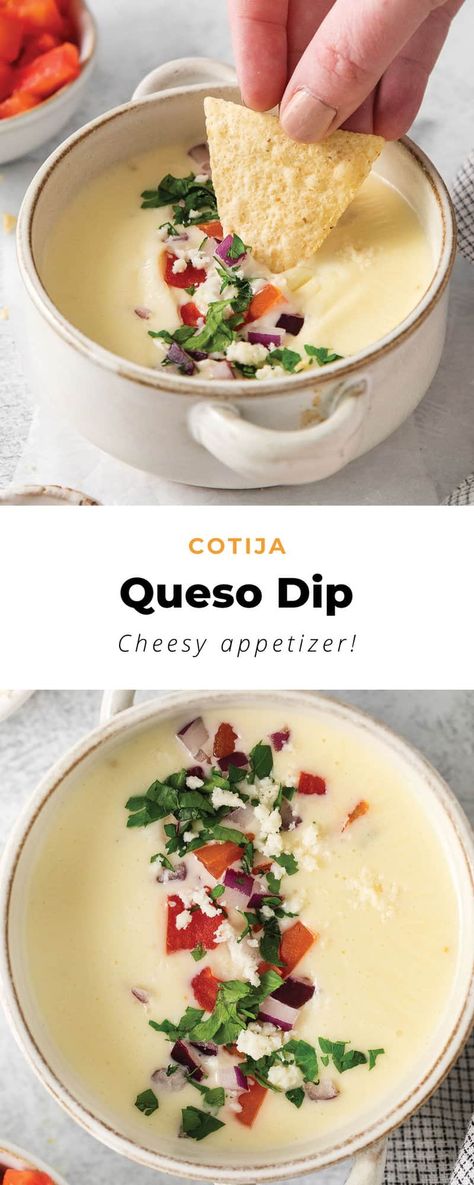 Salsaritas Queso Recipe, Quest Fresco Cheese Dip, Goat Cheese Queso Dip, Organic Queso Dip, Cotija Cheese Recipes Dinners, Recipes With Fresco Cheese, Quest Fresco Dip, Cotija Cheese Dip, Cojita Cheese Recipe Dishes