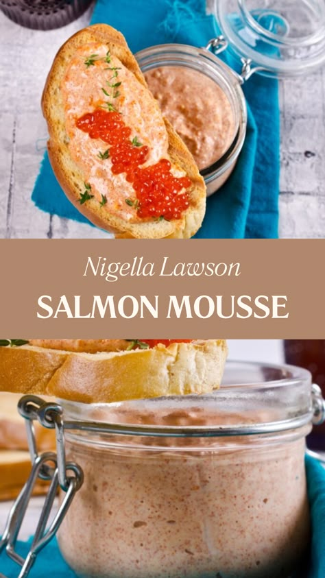 Nigella Lawson Salmon Mousse Smoked Salmon Mousse Recipe, Smoked Salmon Pate Recipe, Salmon Mousse Appetizers, Salmon Pate Recipe, Fish Starters, Salmon Mousse Recipe, Salmon Terrine Recipes, Salmon Mousse Recipes, Smoked Salmon Terrine