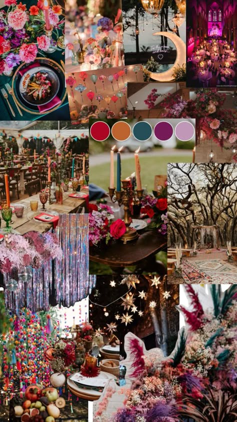 Eclectic Whimsical Wedding, Colourful Forest Wedding, Colorful Celestial Wedding, Colorful Maximalist Wedding, Wedding Decor Colourful, Colorful Moody Wedding, Dark Colorful Wedding, Eclectic Wedding Table Decor, Whimsigothic Party