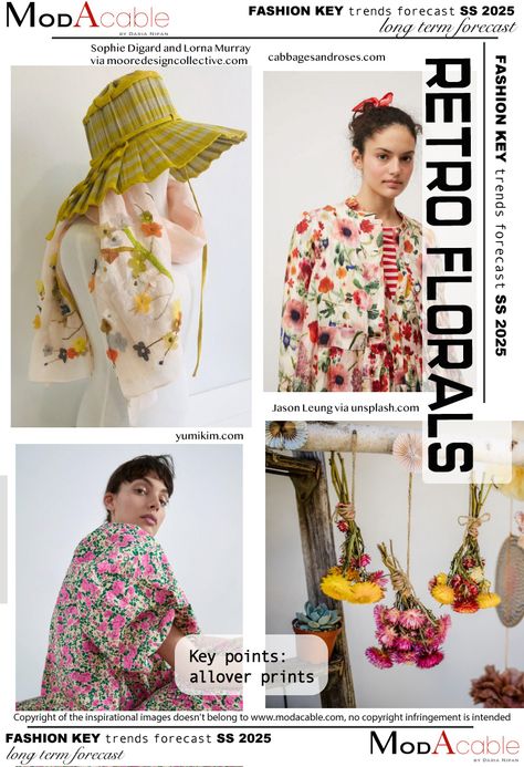 SS25 macro trend Retro florals - ModaCable Fashion Website Design, Print Design Trends, Fashion Trend Board, Summer Prints Fashion, Fashion Trend Forecast, Floral Trends, Color Trends Fashion, Fashion Forecasting, Print Trends