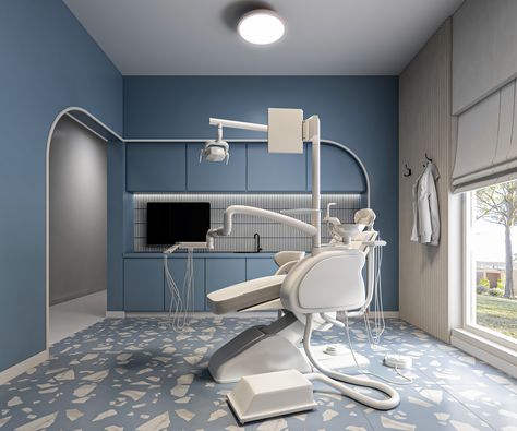 The dental patient room has been transformed from a cold, clinical space to a warm and inviting one using a pop of color, playful terrazzo flooring, and soft lines. A touch of hospitality has been added to make patients feel comfortable during their dental exams. Exam Room Design, Dental Practice Design, Dental Room, Dentist Office Design Interiors, Medical Office Interior, Klinik Gigi, Dental Design Interior, Dentist Office Design, Dentist Clinic