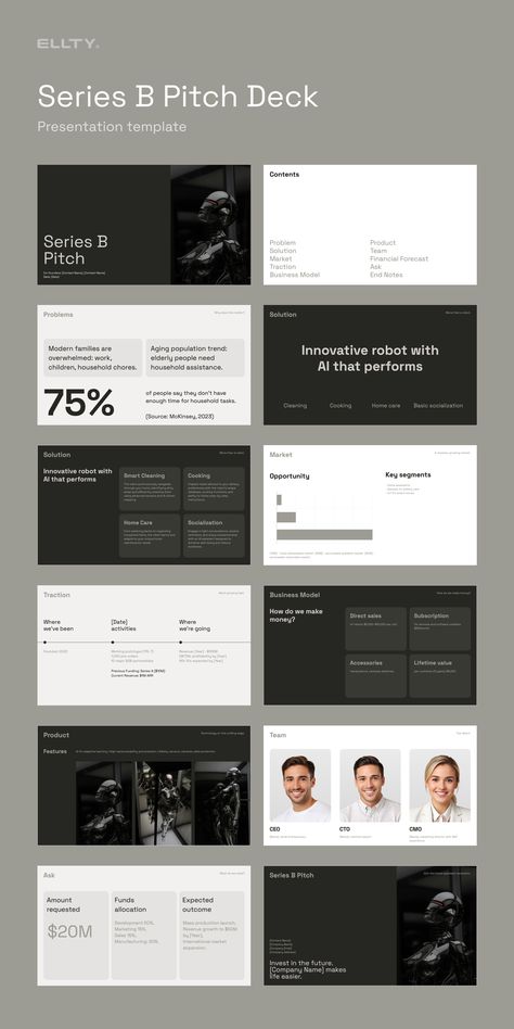 For companies preparing to raise capital, our Series B Pitch Deck template offers a straightforward way to communicate your business’s progress and future plans. Business Pitch Template, Design Pitch Deck, Investor Deck, Pitch Deck Design, Investor Pitch Deck, Ppt Ideas, Startup Growth, Pitch Deck Template, Presentation Deck