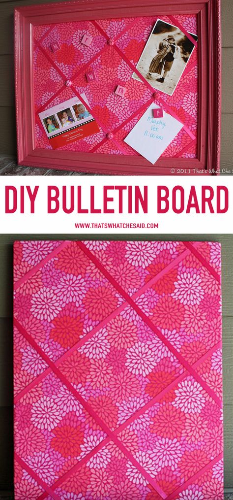 DIY Bulletin Board Tutorial at www.thatswhatchesaid.com Cardboard Bulletin Board Diy, Girly Bulletin Board, Fabric Bulletin Board Diy, Picture Frame Bulletin Board Diy, Memory Board Diy, Teen Room Organization, Fabric Memo Boards, Kids Bulletin Boards, Diy Bulletin Board