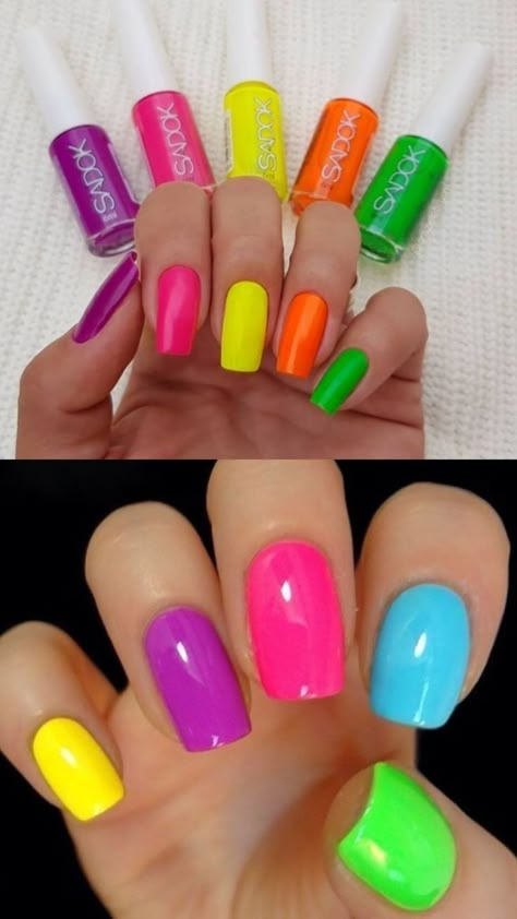 Neon Pedicure Toenails, Multi Colored Nails Summer, Rainbow Pedicure, Neon Rainbow Nails, Neon Pedicure, Neon Toe Nails, Coral Nails With Design, Acrylic Nail Designs Classy, Pedicure Designs Toenails