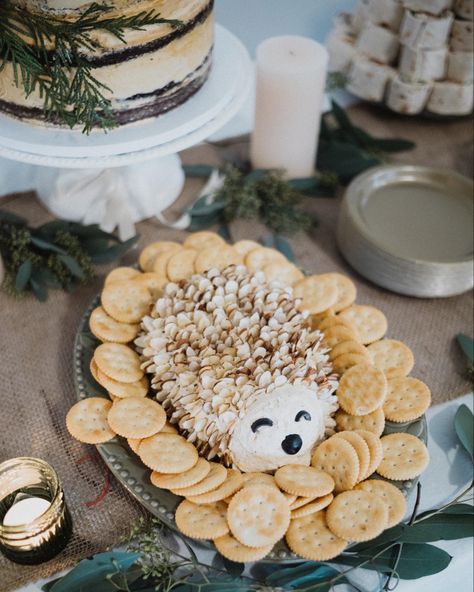 Woodland Hedgehog Cheese Ball, Cheese Ball Hedgehog, Woodland Cheese Ball, Hedgehog Cheese Ball Woodland Party, Baby Shower Food Woodland Theme, Baby Shower Favors Woodland Theme, Baby Forest Animal Baby Shower Theme, Woodland Snacks For Party, Bear Cheese Ball