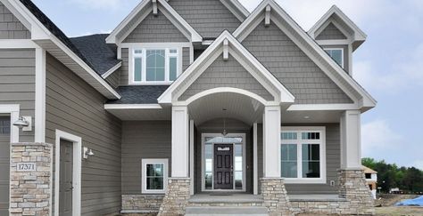 Charcoal Gray Metal Roof Houses Color Combos, Grey Homes Exterior, Light Gray Home Exterior, Gables On House Exterior Front Porch, Grey House Exterior White Trim, House Exterior Dark Grey, House Paint Exterior Colour Schemes Gray, Greige Exterior House Colors White Trim, Light Grey Siding Exterior