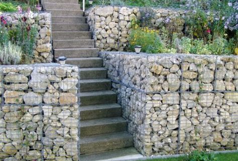 Steep Gardens, Retaining Wall Steps, Gabion Retaining Wall, Gabion Baskets, Gabion Wall, Landscaping Retaining Walls, Sloped Garden, Garden Steps, Walled Garden