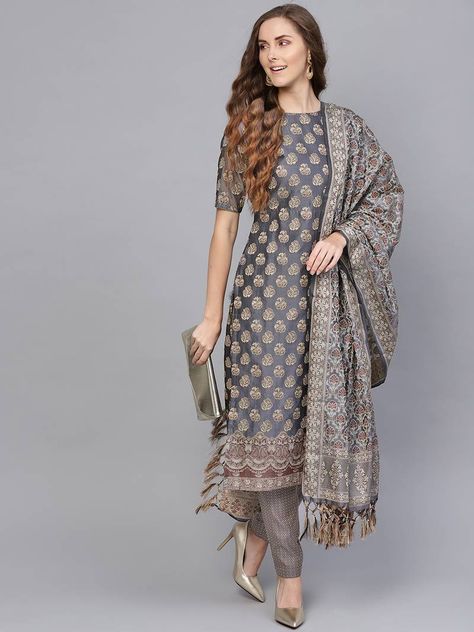 Grey Banarasi Cotton Woven Design Unstitched Dress Material - Inddus - 3034752 Banarsi Suit Design, Banarasi Suit Designs, Banarasi Dress, Silk Kameez, Black Salwar, Beige Kurta, Black Salwar Kameez, Banarasi Suit, Stylish Kurtis Design