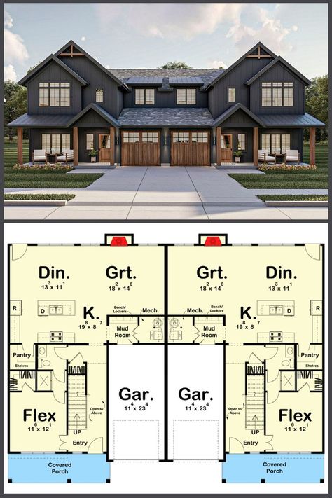 Discover the perfect blend of modern elegance and farmhouse charm with our stunning -3-Bedroom Two-Story Twin Modern Duplex Farmhouse. This thoughtfully designed floor plan features a spacious layout, including an office-friendly flex room, ensuring a versatile and comfortable living experience. Bring your dream home to life with this architectural masterpiece! Duplex Farmhouse, Room Floor Plan, Covered Entry, Entry Porch, Duplex Floor Plans, Duplex Plans, Quaint Cottage, Duplex House Plans, Rustic Home Design