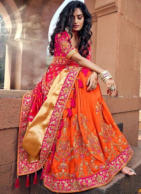 Hot Pink and Orange Saree | Orange saree, Orange indian dress, Saree Bhangra Outfit, Pink And Orange Saree, Pink Designer Saree, Desi Fusion, Dandiya Dress, Half Up Hairstyle, New Lehenga, Mirror Work Blouse Design, Groom Wedding Attire