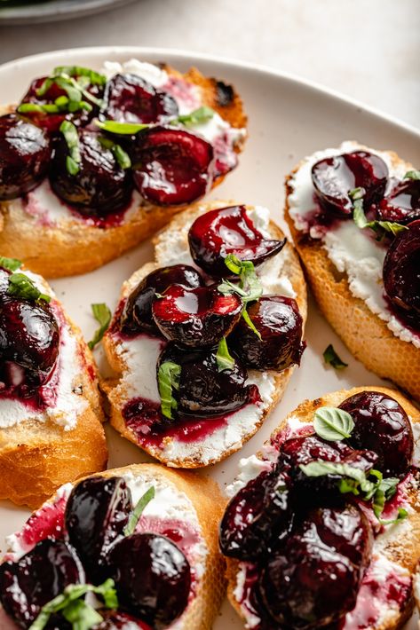 Roasted Cherries, Gluten Free Baguette, Goat Cheese Crostini, Crostini Recipes, Ambitious Kitchen, Roasted Cherry, Finger Foods Easy, Delicious Appetizer Recipes, Summer Appetizer