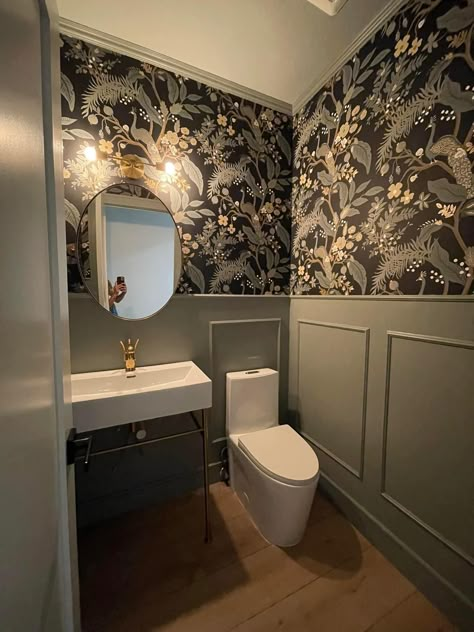 Downstairs Toilet Tiles Half Walls, Wallpaper Restroom Ideas, Half Bath Dark Wallpaper, Country Style Downstairs Toilet, Dark Panelled Bathroom, Small Half Bath Under Stairs, Interesting Powder Rooms, Small Panelled Bathroom, Small Wc Decor