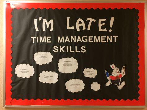 Time management bulletin board Time Management Ra Bulletin Board, Time Management Bulletin Board, Resident Assistant Programs, Dorm Bulletin Boards, Res Life Bulletin Boards, Nurse Decor, Door Decks, College Bulletin Boards, Ra Themes