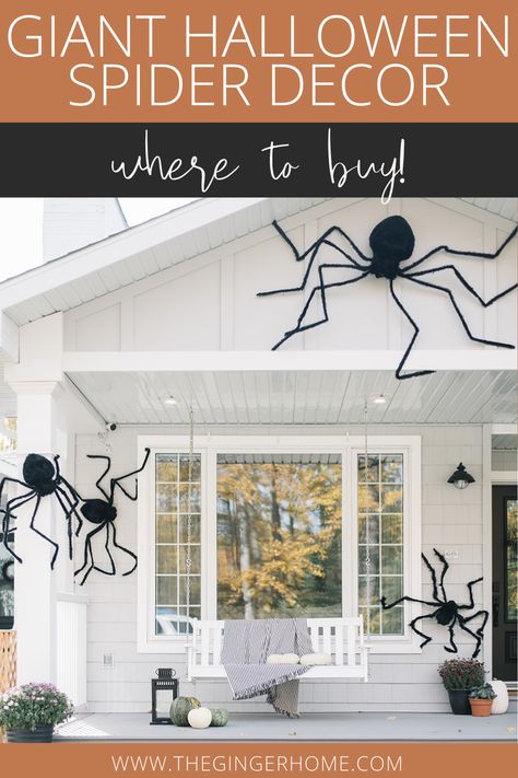 GIANT HALLOWEEN SPIDERS FOR YOUR FRONT PORCH Decorate the exterior of your home with giant spiders. Giant spider decor. Spooky Halloween decor. Semi-spooky halloween decor. Outdoor Halloween decor #halloween #spookyhalloween #giantspiders #spiderdecor #halloweenspiders Halloween Decor Spiders On House, Spider Decorations Halloween Outdoor, Spiders On House Halloween, Spider Front Porch Decor, Spider Diy Decoration, Halloween Spider Web Front Porch, Outdoor Spider Decorations, Halloween Front Porch Spider Webs, Outdoor Spider Web Halloween