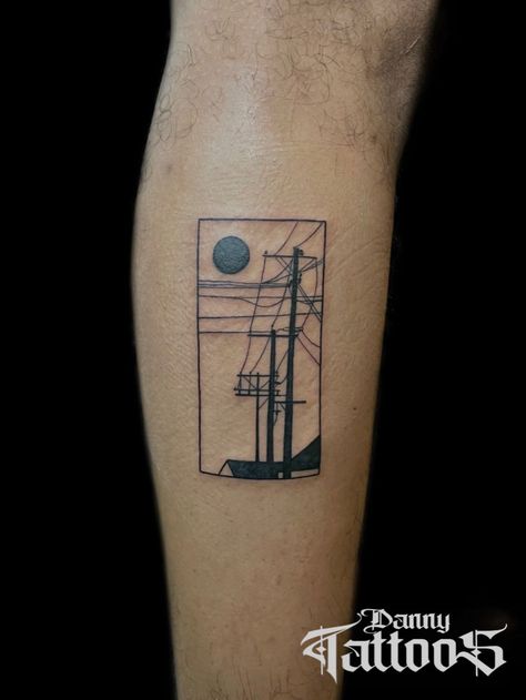 Phone Line Tattoo, Telephone Line Tattoo, Tattoo Electricity, Telephone Wire Tattoo, Powerlines Tattoo, Cable Car Tattoo, Power Lines Tattoo, Electric Tattoo Ideas, Street Light Tattoo