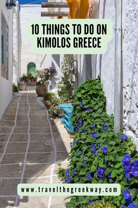 A small alley with a climbing plant with purple flowers on a Greek island. Kimolos Island Greece, Kimolos Greece, Cyclades Islands, Greece Islands, Island Getaway, Island Hopping, Greek Island, Greece Travel, Crete