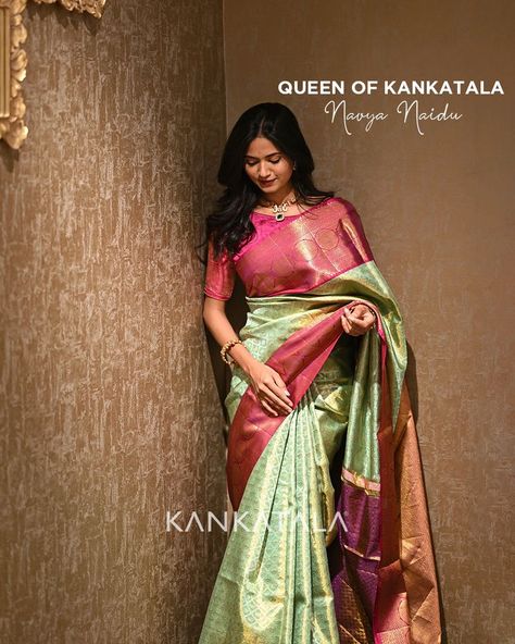 Navya Naidu looks stunning draped in our authentic Kanchipuram Silk Saree with gold brocade from our Indian Metallics series. The green base with metallic gold tissue embraced in a contrast korvai pink big border flaunting elegant floral and brocade is surely to be your best pick for this wedding season. #metallicsarees #silktissue #tissue #puresilk #indianmetallicsbykankatala #indianmetallics #kanchipuramsaree #handmadewithlove #tissuesaree #indianheritage Pink Saree Silk, Saree Color Combinations, Silk Marvel, Engagement Saree, Kanjivaram Sarees Silk, Indian Wedding Fashion, Half Saree Lehenga, Indian Bridal Sarees, Pattu Saree Blouse Designs