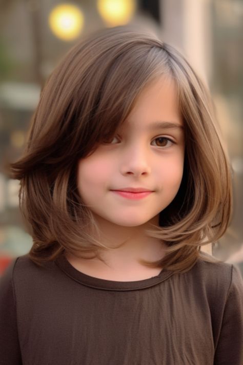 Girls Short Haircut Kids Shoulder Length With Bangs, Girl Hair Cuts Medium Length Kids, Girl Curtain Bangs Haircut Kids, Medium Length Haircut Girls Kids, Kids Short Haircuts Girl Hair, Hair Cut Girls Children, Shoulder Length Hair For Girls Little, Hair Color For Kids Girls Summer, Bob Hairstyles For Girls Kids