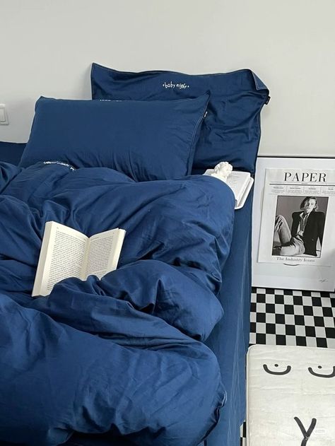 Navy Comforter Bedroom, Dark Blue Rooms, Blue Bed Sheets, Holiday Bedroom, Blue Bed, Sleeping Room, Bedroom Setup, Cute Bedroom Decor, Blue Rooms