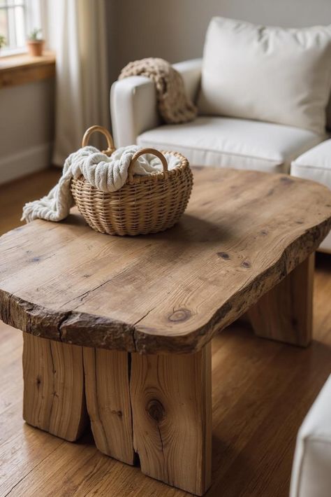 Rustic charm meets DIY! This Farmhouse Coffee Table, made from reclaimed wood, adds warmth to any space.  Build your own coffee table with this inspiring design – it's easier than you think! Rustic Coffee Table Decor, Round Coffee Table Diy, Cottage Coffee Table, Wooden Coffee Table Designs, Log Coffee Table, Japandi Furniture, Diy Farmhouse Coffee Table, Reclaimed Coffee Table, Simple Diys