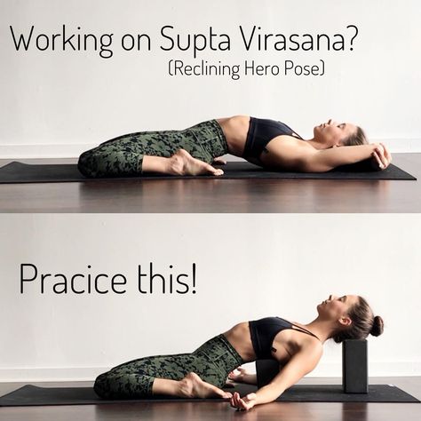 I find Supta VIrasana (reclining hero pose) to be very relaxing – but that’s not the case for everyone- because every BODY is different and we all feel poses differently 😊. What I love about this pose is that there many different ways to explore it (I wish I had thought to do them all in this post, but I’ll post them tonight, so be sure to check my gallery later). * DO NOT perform this pose unless you can sit your booty relatively easily on the floor between your feet. * Prep poses: Bound Angle Supta Virasana, Hero Pose, Relaxing Yoga Poses, Yoga Ashtanga, Yoga Beginners, Yoga Props, Yoga Posen, Iyengar Yoga, Relaxing Yoga