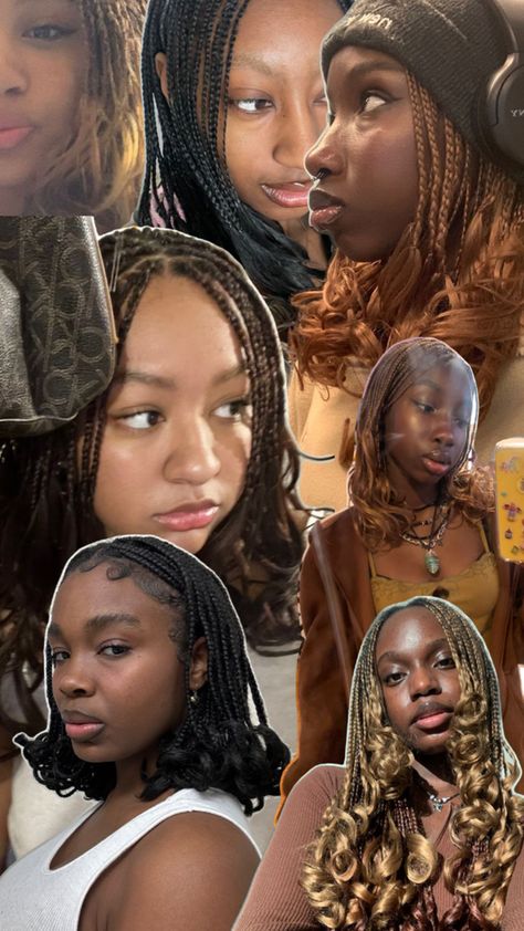 Collage , short braids with curl at the end Short French Curls, French Curls, Cute Box Braids, Short French, Short Box Braids Hairstyles, Curly Braids, French Curl, Summer Braids, Short Box Braids