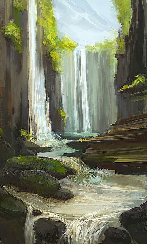 Waterfall Painting, Easy Landscape Paintings, Environment Painting, Waterfall Paintings, Concept Art Tutorial, Dreamy Artwork, Calligraphy Art Print, Easy Canvas Painting, Art Painting Gallery