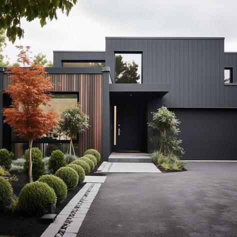 Modern Dark House Exterior, Dark Exterior House Colors Modern, Timeless House Exterior, Concrete Homes Exterior, Best Color For House, Dark Modern House Exterior, Colour For House, Dark Exterior House Colors, Dark House Exterior