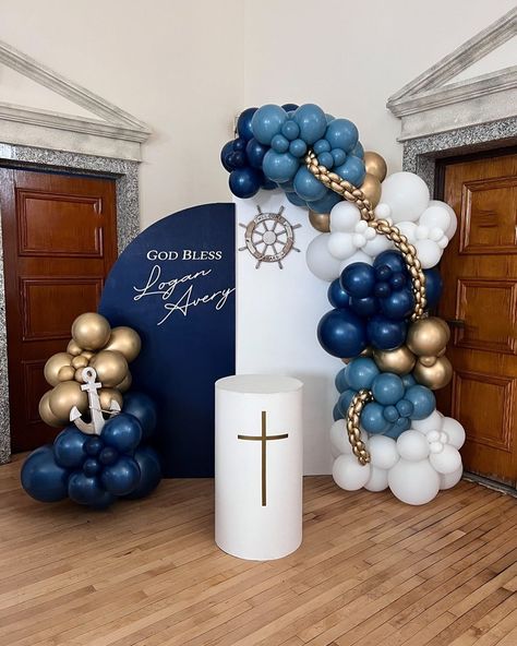 - Check more at https://howcandothis.com/weddingideas/78924/ Nautical Theme Balloon Garland, Baptismal And Birthday Theme, Elegant Nautical Party Decor, 1st Birthday Baby Boy Theme, Boys Communion Decor, Christianing Ideas Decor For Boy, Baby Boy Christening Theme, Baby Boys Birthday Themes, Nautical Balloon Arch