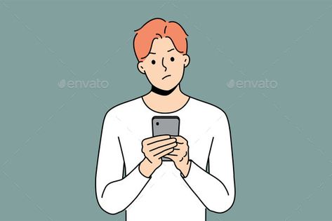 Pensive Man with Phone Received Warning Text Looking At Phone, Iphone Drawing, Digital Doodles, Portfolio Illustration, Person Drawing, Face Id, Design Typography, Modern Graphic Design, Facial Expressions