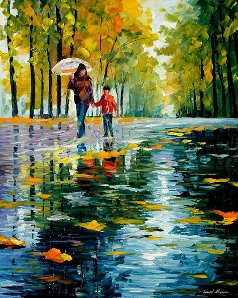 Leonid Afremov es un pintor que nació en Vitebsk, Bielorusia, en 1955. Sus obras normalmente suelen ser paisajes de naturaleza e... People Walking In The Rain, Art Amour, Leonid Afremov, Umbrella Art, People Walking, Walking In The Rain, Leonid Afremov Paintings, On A Rainy Day, Art Et Illustration