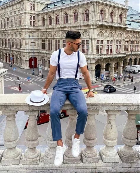 Suspenders With Jeans, Suspenders Outfits, Suspenders Outfit, Modern Mens Fashion, Outfit Combos, Suspenders Men, Mens Attire, Half Sleeve Shirts, Plain Shirts