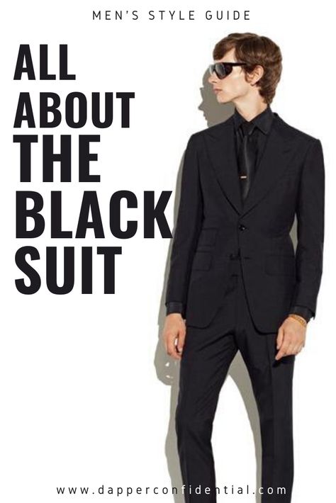 Read the article for how to shop for and style a black suit, including shirts that match and accessories. #man #guy Black Suit Black Shirt Black Tie, Full Black Suit Men Formal, Black Suit Accessories Men, Men’s Black Suits For Wedding, Men’s Black Suit Ideas, Black Suit Black Shirt Men, Black Suit Shirt Combinations, Mens Black Suit Outfit Wedding, Black Suit Tie Combination