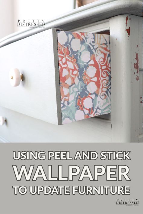 Adding Wallpaper To Furniture, Peel And Stick Wallpaper On Dresser, Peel And Stick Wallpaper On Furniture, Wallpaper Dresser Drawers, Furniture Overlays Diy, Refurbished Mirror, Wallpaper On Furniture, Wallpaper Drawers, Wallpaper Dresser