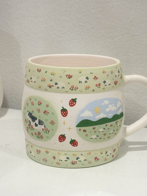 Cup Pottery Painting Ideas, Pottery Ideas Cute, Pottery Painting Ideas Cottagecore, Cottagecore Pottery Painting, Cottage Core Pottery, Ceramics Projects Ideas, Diy Painted Wedding Plates, Painted Mugs Ceramic Aesthetic, Pottery Painting Mug Ideas