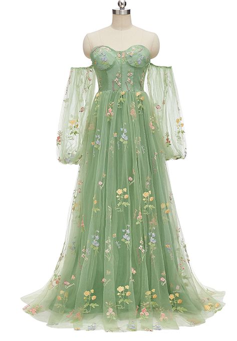 Green Puffy Prom Dress, Flowery Prom Dress, Prom Dress Flowers, Green Tulle Gown, Flower Prom Dresses, Shifting Hogwarts, Short Princess Dress, Navy Ball, Formal Ideas