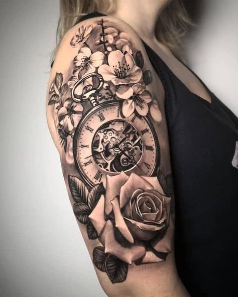 120 Pretty And Girly Half-Sleeve Tattoo Ideas For Females Time Piece Tattoos, Vintage Clock Tattoo, Stopwatch Tattoo, Color Tattoos For Women, Mama Tattoos, Time Piece Tattoo, Unique Half Sleeve Tattoos, Quarter Sleeve Tattoos, Tattoo Placements