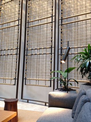 architectural woven rope screen | SCREENS Congo Jungle, Rope Screen, Egyptian Furniture, Feature Wall Design, Lounge Ideas, Ceiling Detail, Beach Lounge, Religious Architecture, Bamboo Design