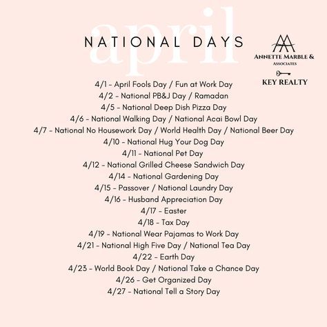 April Holidays April Holidays 2023, April Magick, National Walking Day, April Holidays, National Tea Day, Funny Holidays, National Beer Day, Husband Appreciation, Sandwich Day