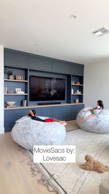 Movie Bean Bags, Lovesac Room Ideas, Lovesac Bean Bag In Living Room, Teenage Tv Room Ideas, Bean Bag Theatre Room, Upstairs Hangout Room, Open Media Room Ideas, Bean Bag Movie Room, Family Snug Room Ideas