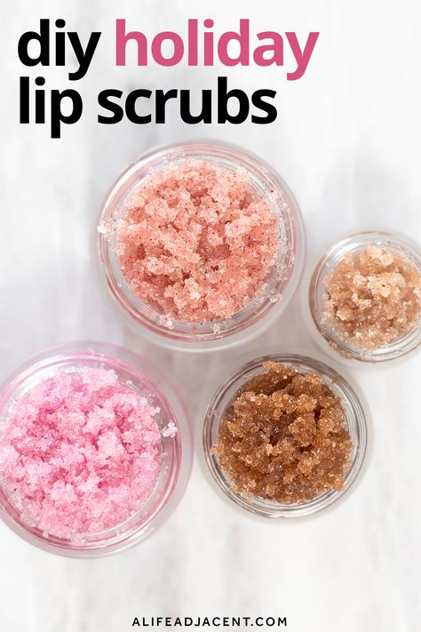 Learn how to make the best DIY lip scrubs! Choose from 4 delicious holiday varieties – cranberry, plumping peppermint candy cane, spiced orange, or gingerbread! Each lip exfoliator is made with natural ingredients that are easy to find, like sugar, coconut oil and essential oils. Perfect for chapped lips. Made without honey. Get soft, smooth lips with this simple homemade recipe. Great for fall, winter and the holiday season. These also make great gifts or stocking stuffers! | alifeadjacent.com Easy Lip Scrub, Lip Scrub Without Honey, Homemade Lip Scrub For Pink Lips, Lib Scrubs Diy, Christmas Lip Scrub, Candy Cane Lip Scrub, How To Make Pink Lips Scrub, Lip Scrub Recipe, Holiday Lip