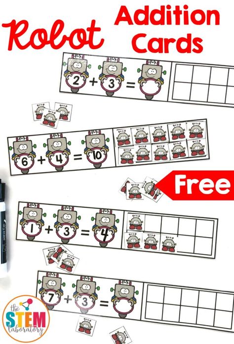 Robot Addition Cards - The Stem Laboratory Beginning Addition, Robots Preschool, Adding Numbers, Robot Theme, Math Centers Kindergarten, Learning Printables, Math Printables, Math Addition, Math Methods