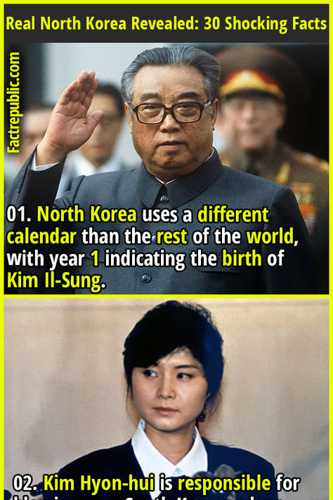 01. North Korea uses a different calendar than the rest of the world, with year 1 indicating the birth of Kim Il-Sung. #northkorea #korea #korean #girl #women #female #woman #shocking #travel #living #world #adventure #asian Facts About North Korea, North Korea Facts, Secret Pictures, Kim Il Sung, North Korea Kim, Life In North Korea, Fact Republic, Because The Internet, Korean History