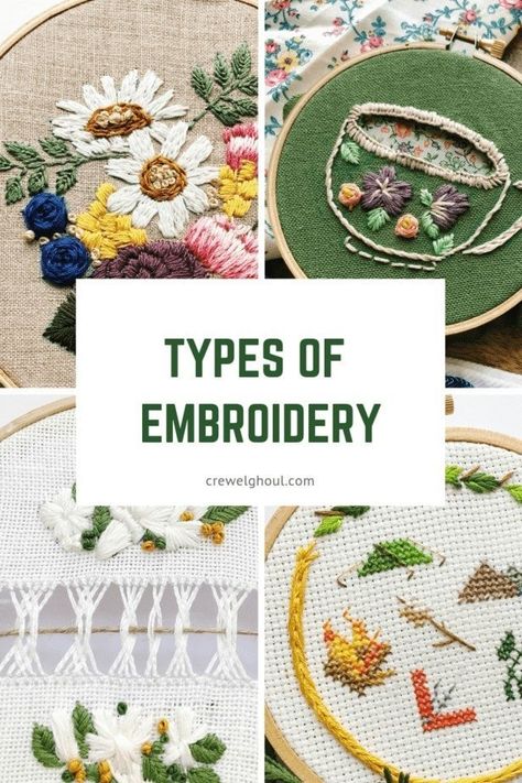 Types of Embroidery - Crewel Ghoul Types Of Embroidery Stitches, Crewel Embroidery Tutorial, Crewel Embroidery Patterns, Cross Stitch Tutorial, Crewel Embroidery Kits, Blackwork Embroidery, Embroidery Stitches Tutorial, Hand Embroidery Projects, Types Of Embroidery