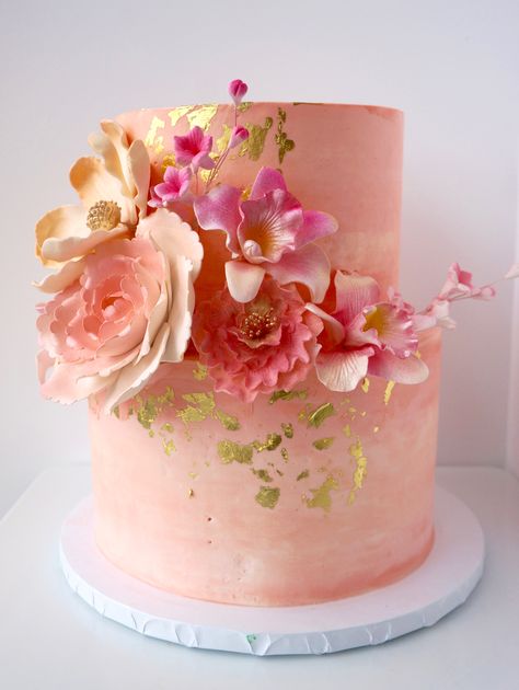 Peach Colored Wedding Cake, Wedding Cake Dahlia, Coral Wedding Cakes, Coral Cake, Color Melon, Orchid Wedding Cake, Floral Cake Design, Elegant Cake Design, Summer Wedding Cakes